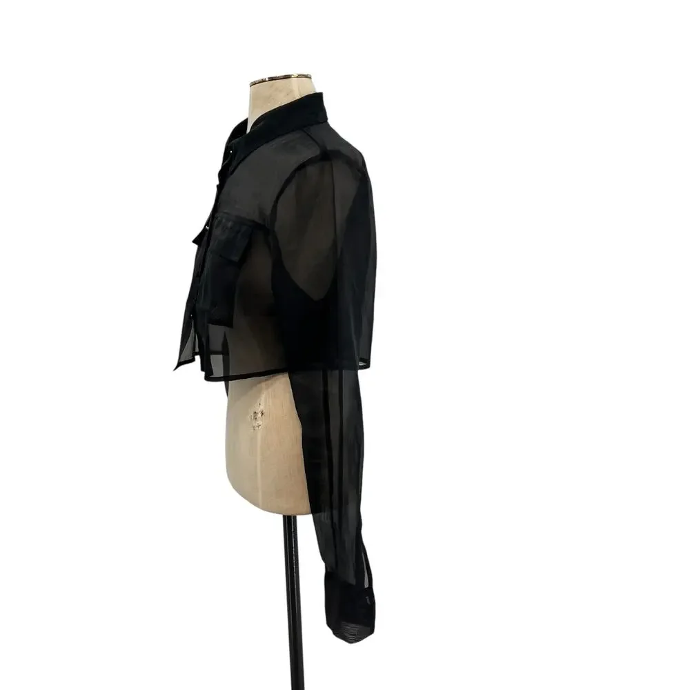 Meshki Elaina Sheer Button Up Cropped Shirt Black Organza Top Womens Size Small - Picture 5 of 9